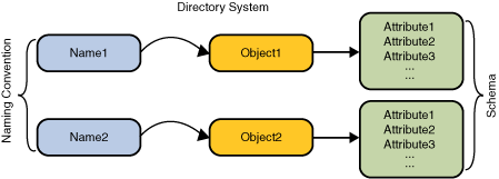 图示一个目录系统：一个名称引用一个包含属性的目录对象。