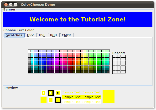 ColorChooserDemo的快照，其中包含一个标准的颜色选择器。