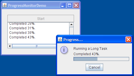 ProgressMonitorDemo的快照和由进度监视器弹出的对话框