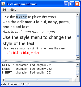 TextComponentDemo的快照，其中包含一个自定义的文本窗格和一个标准文本区域