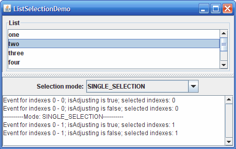 ListSelectionDemo的快照，展示了选择模式和列表选择模型。